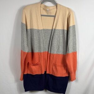Women’s Colorblock Open Front Cardigan.  Soft. Size M. Blue orange gray tan